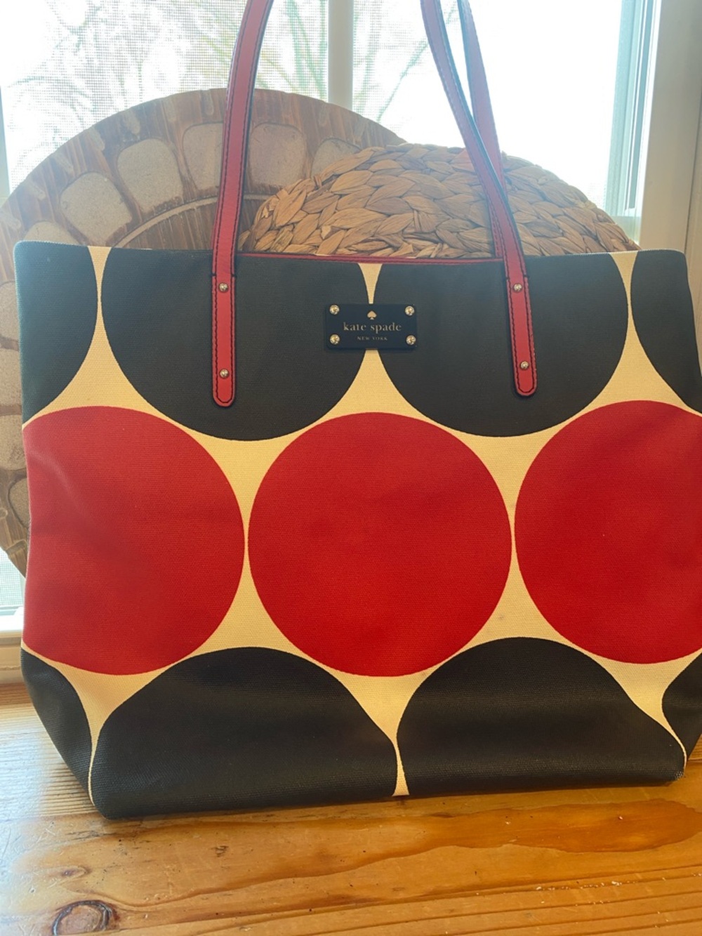 Kate Spade Red, Black & Cream Large Circle-Print Tote